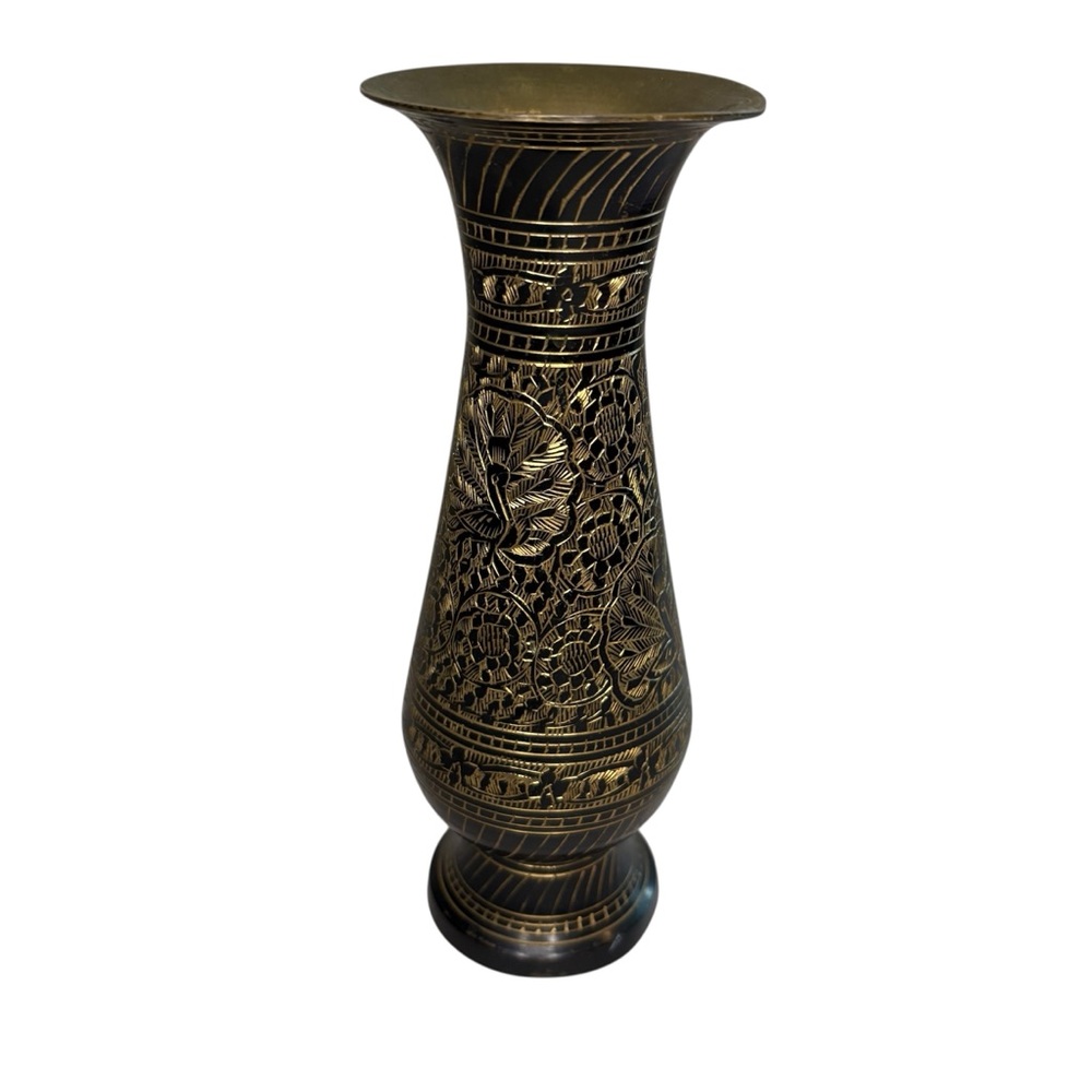 Vintage Brass Etched Black and Gold Peacock Floral Design Vase Home Luxury Decor